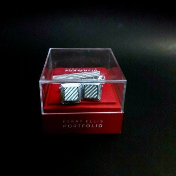 New Perry Ellis Men's Set Silver Cuff-links & Clip - Picture 1 of 8